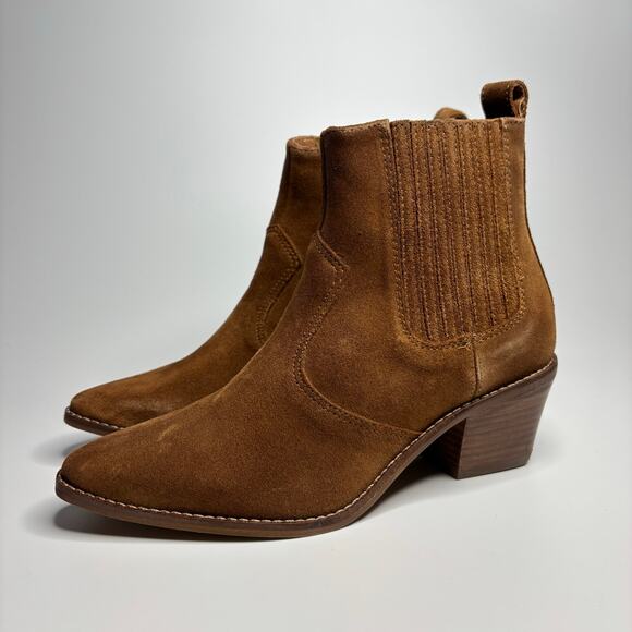 FARYL by Farylrobin Wren Pointed Toe Heeled Booties in Cognac Cowsuede - Picture 2 of 10